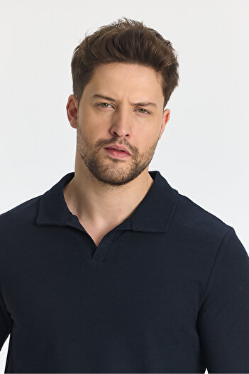 Frappoli Volex Men's Polo Neck Navy Blue Slim Fit Swearshirt - 100% Cotton, Lapel Detail, Long Sleeve
