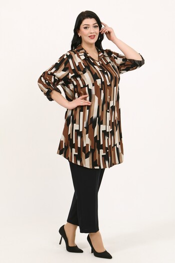 By Alba Collection Women's Tan Patterned Cotton Viscose Large Size Tunic
