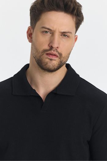 Frappoli Volex Men's Black Polo Neck Slim Fit Lycra Cotton Swearshirt - Long Sleeves