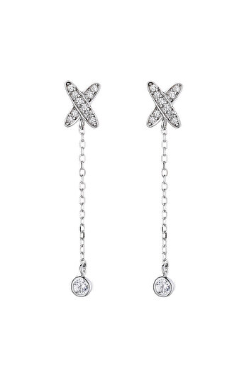 delis Elegant Long Drop Earrings in 925 Silver, with Zirconium, Rhodium Plated