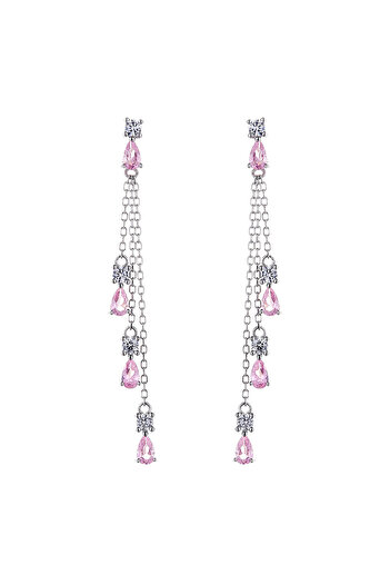 delis Elegant Long Drop Earrings with Pink Zirconia Made of 925 Silver, Rhodium Plated