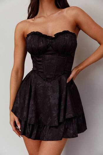 Diviny Women's Patterned Black Strapless Heart Neck Skirt Layered Mini Flared Dress