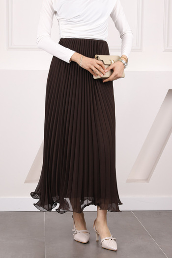 İmajButik Brown Elastic Waist Pleated Chiffon Skirt