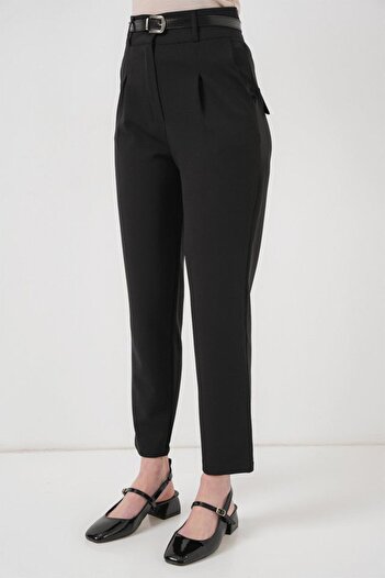 Kokosh moda Pleated Belted Fabric Trousers 6725 - Black