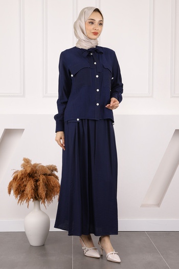 İmajButik Navy Blue Collar Tie Shirt Skirt Suit