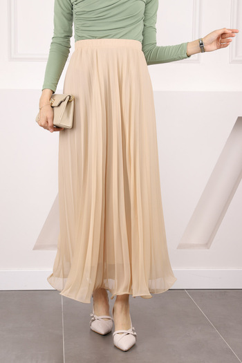 İmajButik Beige Elastic Waist Pleated Chiffon Skirt