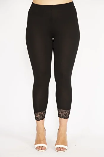 Şans Women's Black Large Size Leg Lace Leggings 65n36505