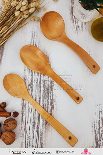 MONTESEV Wooden Wooden Kitchen Spoon Set 3 Pieces Beech, Boxwood and Bamboo Wood Spoons