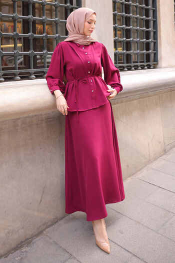 İmajButik Burgundy Waist Belted Shirt Skirt Suit