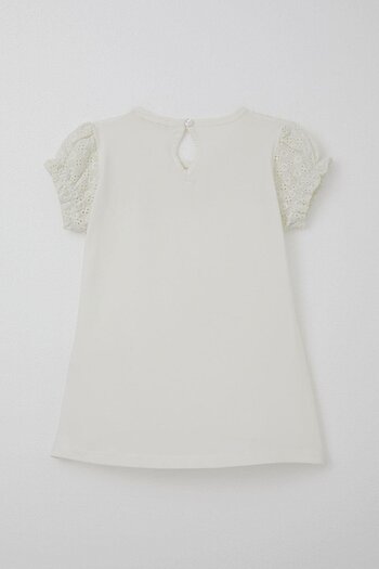 Breeze T-shirt για κορίτσια 5-10 ετών - Δαντέλα και ελαστικά μανίκια, φιόγκο, εκρού