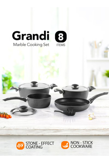 GRANDİ 8-Piece Non-Stick Cookware Set Aluminum Pots And Pans Stainless Steel Lids grey 22-26+26+18cm
