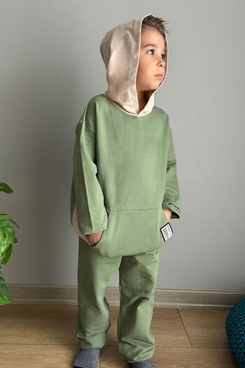 Breeze Tracksuit Set for Boys 5-10 Years - Kangaroo Pocket and Hood, Khaki Green