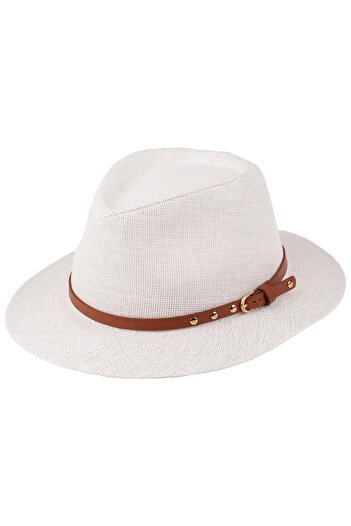 C&City Men's Belt Detailed Wide Brim Straw Hat Y25750-03 White