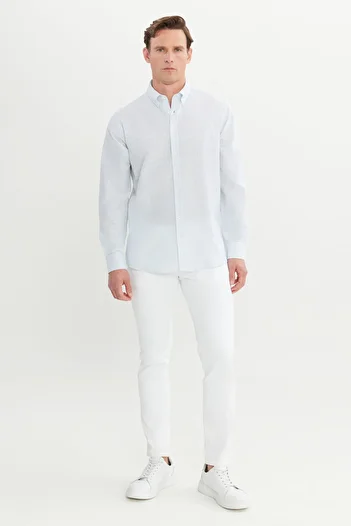 AC&Co / Altınyıldız Classics Men's Light Blue 100% Cotton Comfort Fit Relaxed Cut Button Collar Striped Shirt