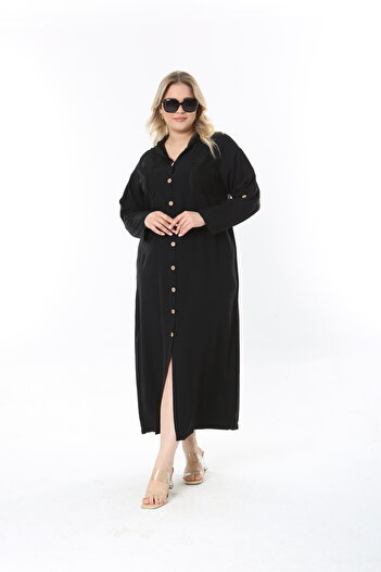 XL Modam Women's Linen Mesh Pocket Hooded Detail Black Large Size Dress