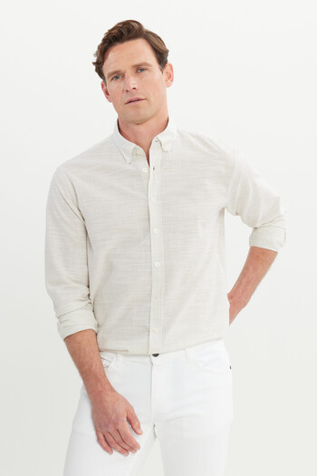 AC&Co / Altınyıldız Classics Men's Beige 100% Cotton Comfort Fit Relaxed Cut Button Collar Striped Shirt