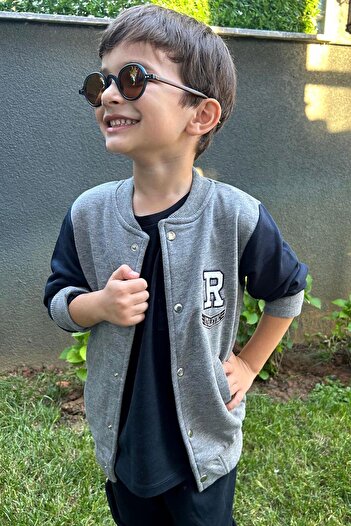 Breeze Boy's College Jacket with Letter Embroidery and Snap Fasteners Age 3-7, Gray Melange