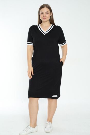 İntensive Women's black Plus Size Collar Striped V-neck short-sleeved Dress