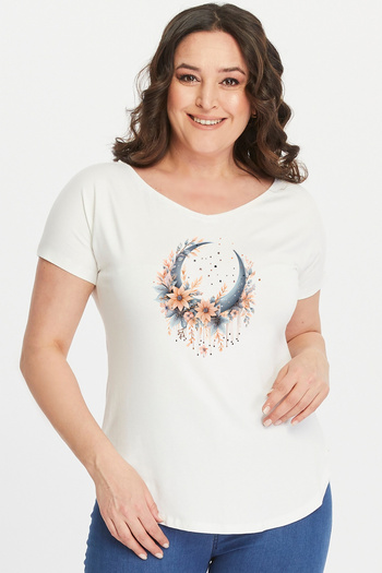 Curvy Trend Plus Size Boho Crescent Printed Wide V-Neck Short Sleeve Oval Slit Blouse