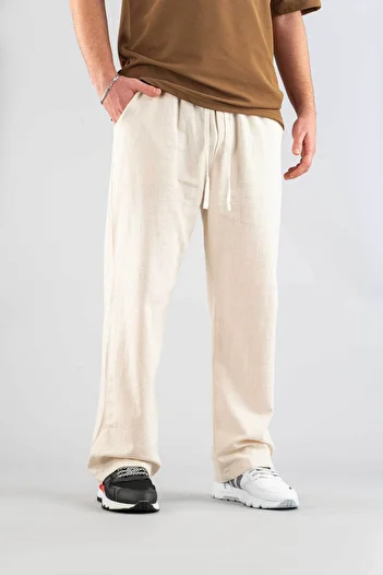 bombe Men's Beige Comfortable Fit Bagy Trousers Linen Belted Drawstring Soft Fabric Blend Trousers