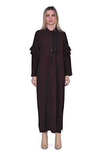 Invee 6925 Ruffle Detailed Brown Dress
