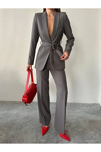 ENZOI Gray Belted Jacket Palazzo Pants Suit