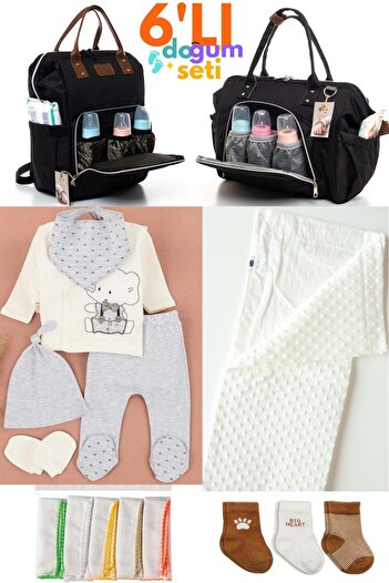 Beyaz Bebek 6-Piece Birth Set: Hospital Release, Baby Care Bag, Almond, Socks and Wipes Set