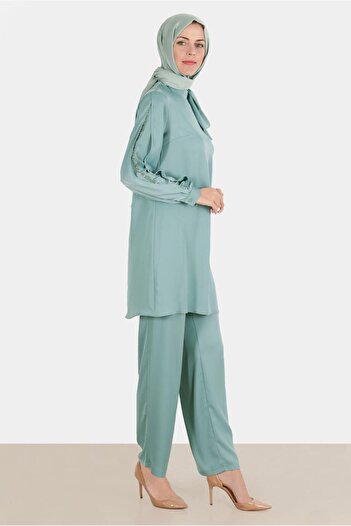 Alvina Satin Jewelled Bow Detailed Double Pants Set - 30276