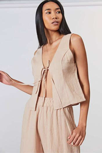 Beyyoglu 100% Linen Vest with Lace Front
