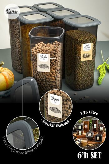 Vienev 6-Piece Foly Square Food Storage Container with Colorful Labels 1.75 Liter Anthracite