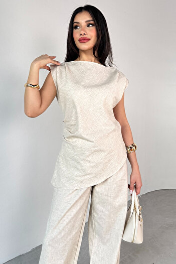 Cappmoda Tkm-13260 Stone Color Asymmetric Cut Pleat Detailed Blouse Loose Trousers Double Set