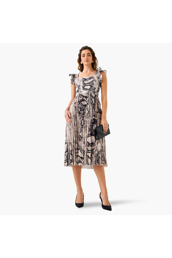 FAV Pleated Midi Dress with Ruffle Sleeves