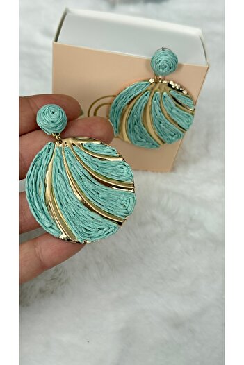 GM TAKI Straw Drawstring Gold Color Detailed Round Bohemian Earrings