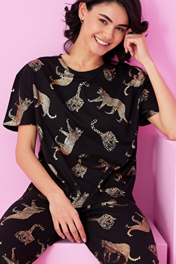 Siyah İnci Black Tiger Foil Printed Knitted Pajama Suit7845