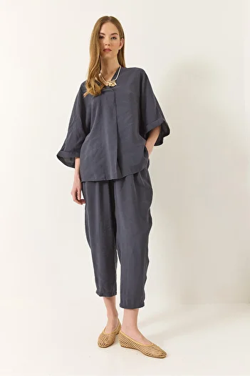 Bianco Lucci Women's V Neck Bat Sleeve Blouse Elastic Waist Pants Modal Set 60283237
