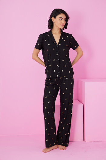 Siyah İnci Black Leaf Foil Printed Knitted Buttoned Pajama Suit7846
