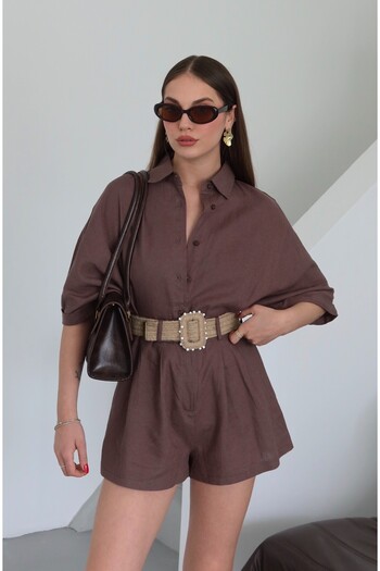 Laluvia Brown Straw Belted Shirt Shorts Set - 51036