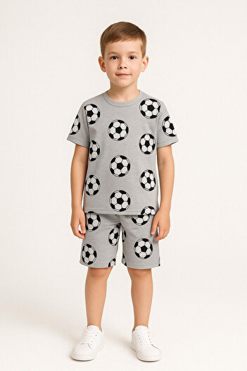 Trend Bebe Butik Football Ball Patterned Boys Shorts Suit |   Gray Summer 2-Piece Sports Outfit |   3-12 Years