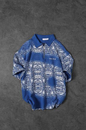 Slatra Men's Blue Motif Patterned Half Zipper Oversize Tshirt
