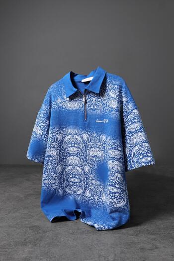 Slatra Men's Blue Motif Patterned Half Zipper Oversize Tshirt