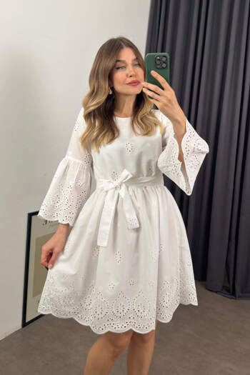 Sue Store White Flounced Sleeves Belted Scallop Dress