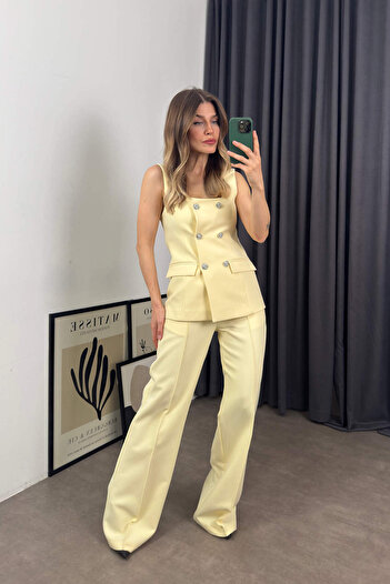 Sue Store Light Yellow Crystal Daisy Buttoned Stone Vest Pants Set