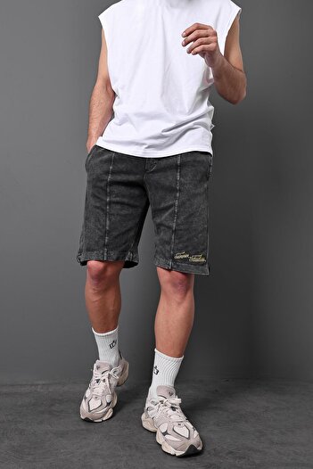 Slatra Men's Anthracite Summer Studios Embroidered Washed Regular Fit Shorts