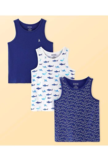 Pine kids Pine Kids Cotton Shark Printed Vests (Pack of 3) - Navy Blue & White