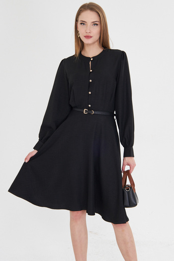 armonika Women's Black Crew Neck Front Buttoned Flared Dress with Cuffed Sleeves and Belt Arm-25Y 001006