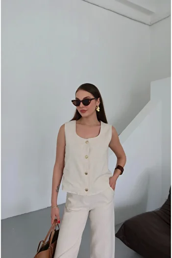 Laluvia Ecru Gold Button Vest Trousers Set - 7134