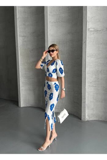 ZF BUTİK Bürümcük Patterned Bluz Skirt Double Set