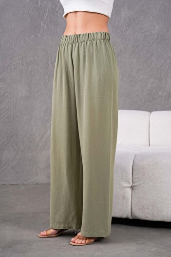 MVStore Women's Elastic Waist Wide Leg Comfortable Fit Linen Trousers