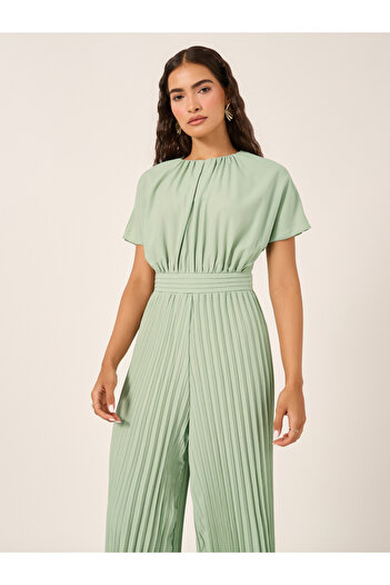 Styli Pleated Wide Leg Round Neck Jumpsuit