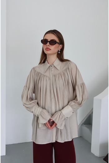 Laluvia Dark Beige Shirred Design Shirt - 102116